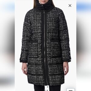 New!Reversible Mixed Media Puffer Coat with Removable Funnel Collar Outdoors